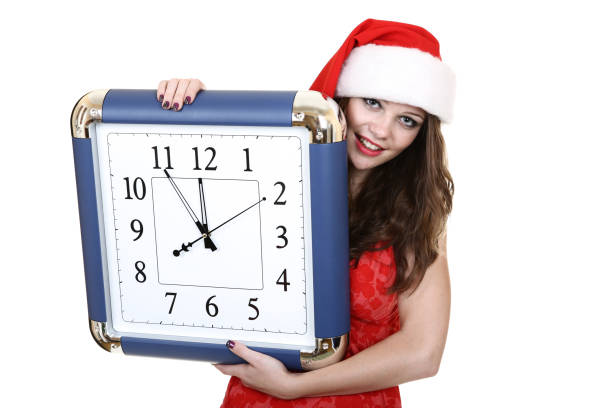 Beautiful girl in costume with new year toys