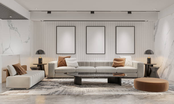 istock mock up poster frame in interior background, living room. 3D render, 3D illustration 2181539378