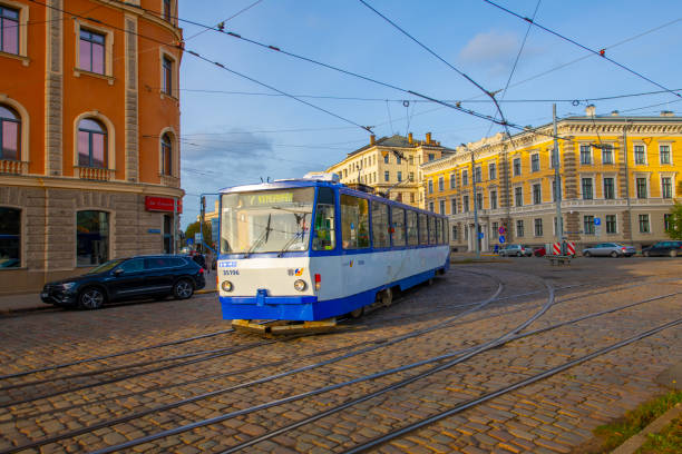 Tram is at Old town in Riga.