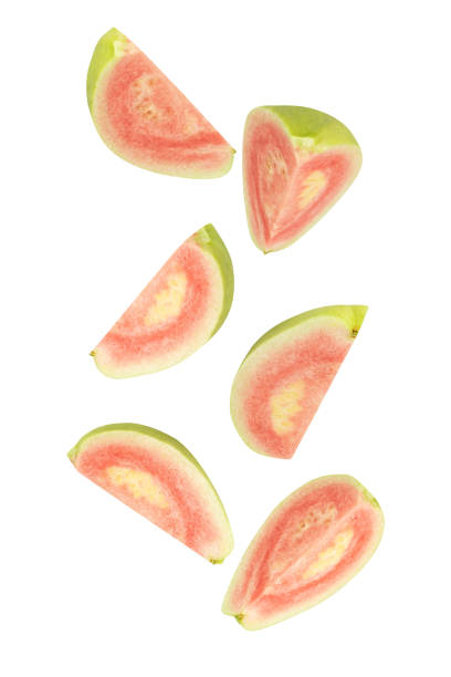 istock Falling Pink Guava isolated on white background with clipping path, full depth of field 2181549410