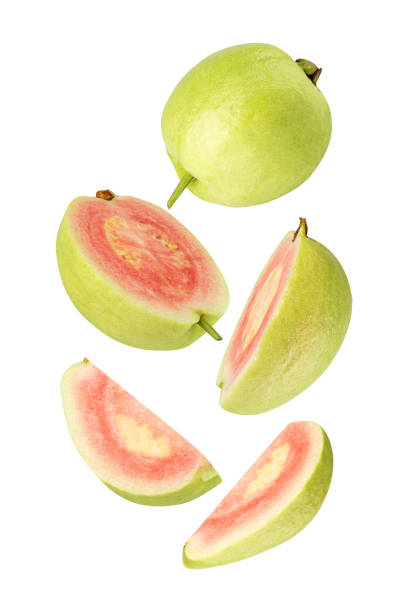 istock Falling Pink Guava isolated on white background with clipping path, full depth of field 2181549423