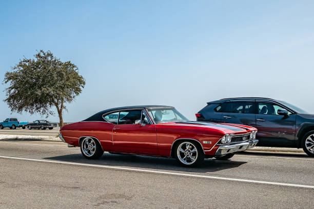 Gulfport, MS - October 04, 2023: Wide angle front corner view of a 1968 Chevrolet Chevelle SS Coupe at a local car show.