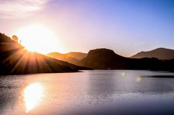 landscape lake views at Ang Kaew Chiang Mai  in nature forest Mountain views with evening blue dramatic sunset sky background