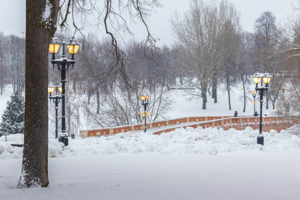 Winter landscape in snowy park with trees and lighted lanterns.