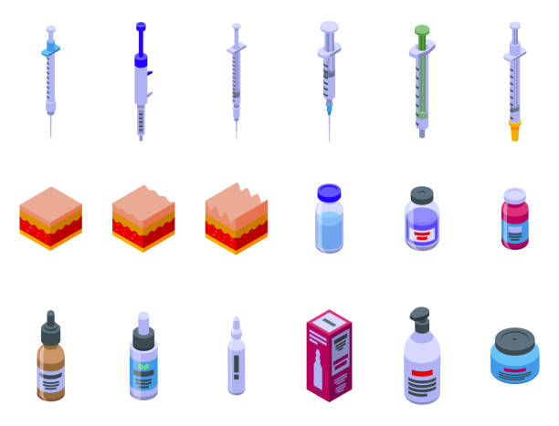Botox icons set isometric vector. Filter skin Botox icons set isometric vector. Filter skin. Woman health syringe 3d stock illustrations