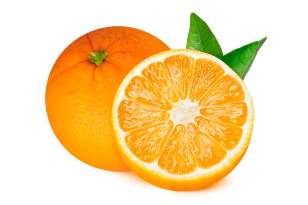 istock Whole orange and orange slice with leaves on isolated white background. Two oranges. 2181555197