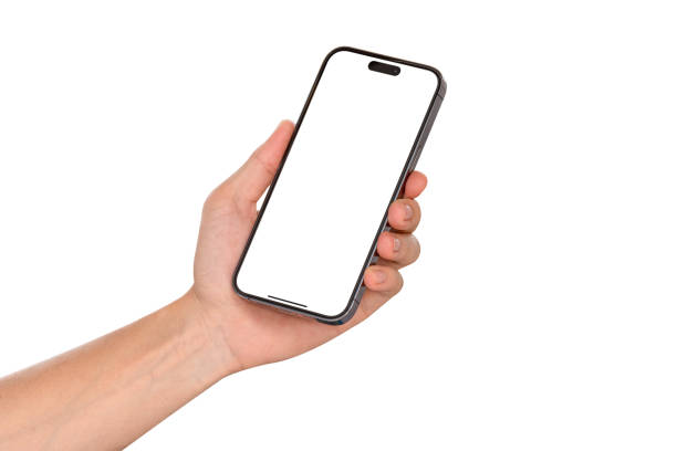 istock Close up of hand using smartphone with blank screen isolated on white background. 2181559050