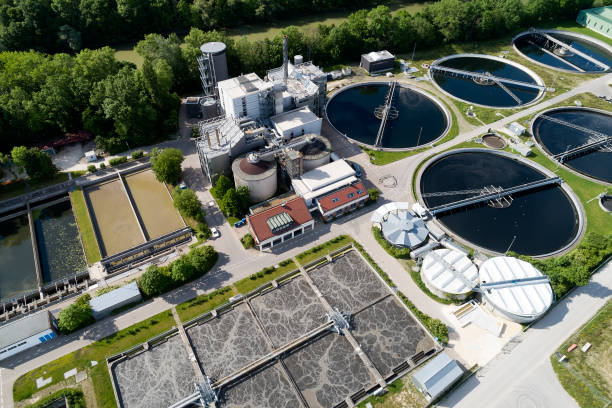 istock Sewage treatment plant from above 2181563338