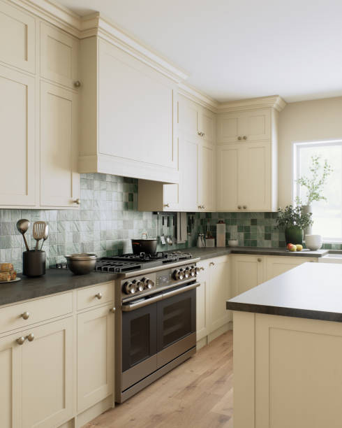 istock Explore the essence of modern kitchen design featuring sleek appliances and elegant green tiles 2181564714
