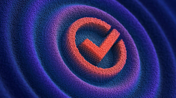 Check mark sign on the blue pixelated wavy background. Approved, vote symbol. Correct choice.