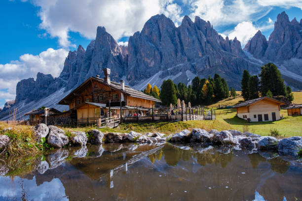 istock Serene autumn reflection at a rustic cabin in the Dolomites, Italy under a vibrant sky 2181567908