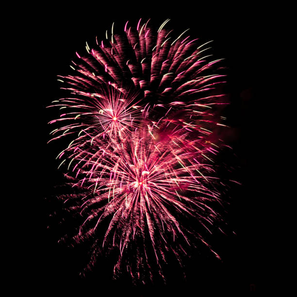 Colorful celebration fireworks isolated on a black sky background.