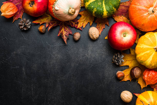 istock Thanksgiving autumn background. Pumpkins, apples, fall dried leaves, flowers, nuts, chestnuts on black background. Flat lay. Autumn harvesting celebration. Top view with copy space 2181571069