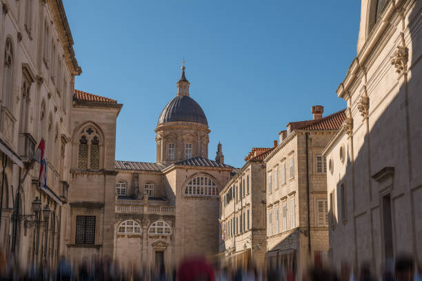 Dubrovnik stone church with a bell tower. Medieval churches