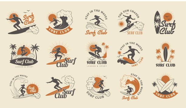 Surf club. Logo bundles collection with place for text retro labels set recent vector surfers emblems original artwork