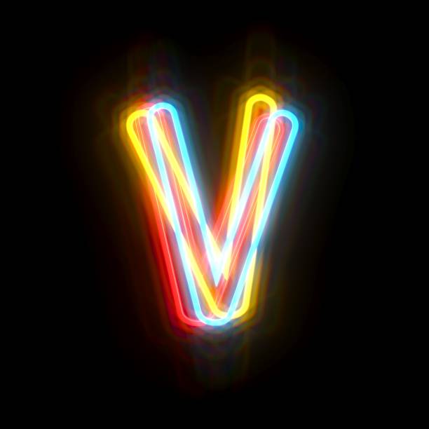 Three colors neon font Letter V 3D