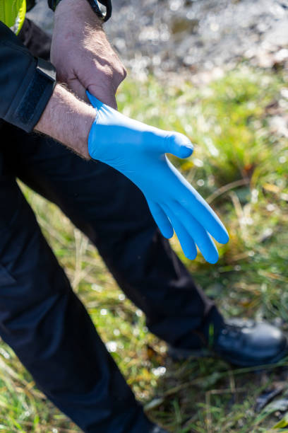 UK police officer putting on surgical gloves to avoid contaminating evidence UK police officer putting on surgical gloves to avoid contaminating evidence. putting on latex gloves stock pictures, royalty-free photos & images