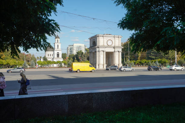 Chisinau, Moldova. October 24, 2024.  view of the Triumphal Arch built in 1846, which commemorates the victory in the Russo-Turkish War