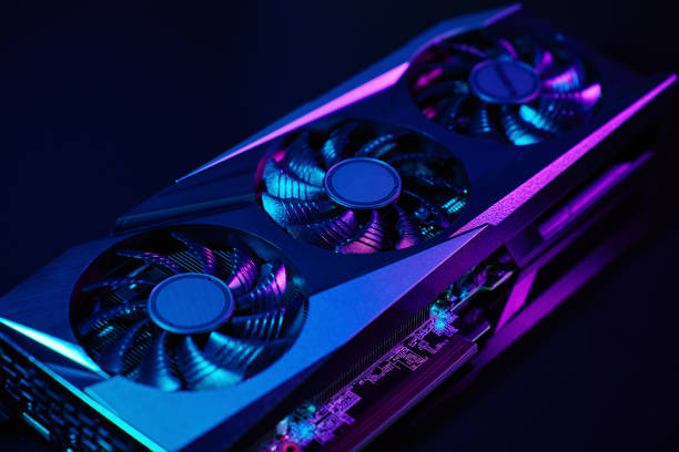 istock Modern gaming graphics card illuminated by neon lights 2181580547