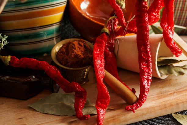 A colorful display of dried red chilies and spices, great for enhancing culinary creativity and inspiration