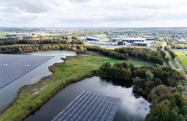 istock Aerial view of a unique outdoor solar panel site on a lake 2181590853