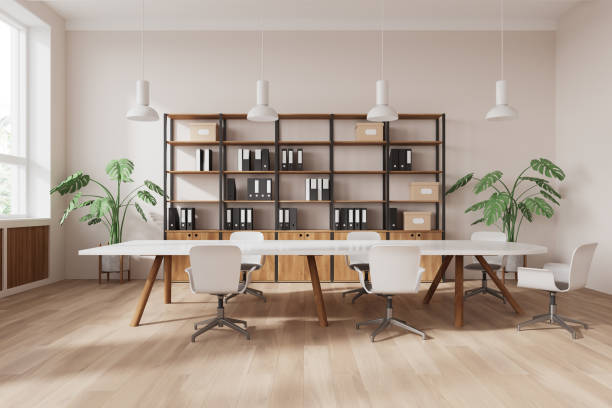 istock Modern open space office interior with wooden shelves and plants. 3D Rendering 2181591865