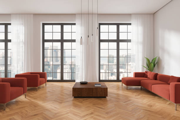 istock Modern living room with city view and red sofas. 3D Rendering 2181591910
