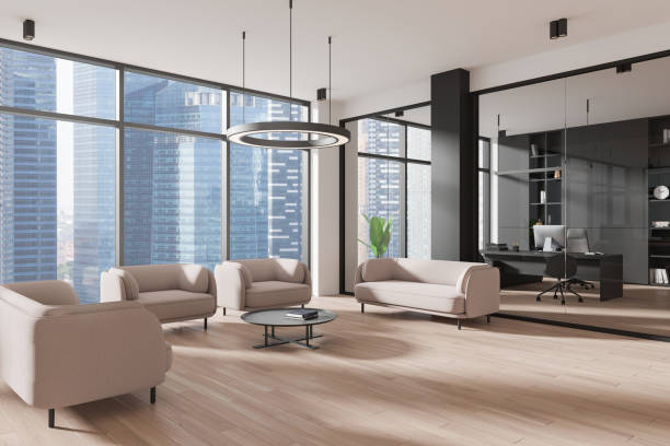 istock Modern office interior with rest zone and ceo desk, panoramic window 2181592526