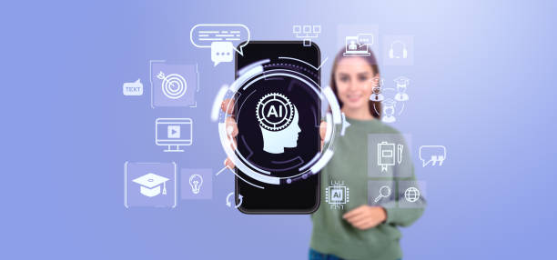 istock Woman holding smartphone displaying AI icon with educational sym 2181592681