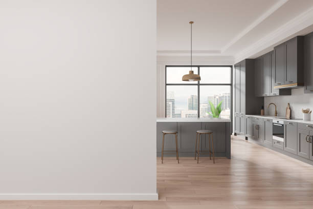 istock Home kitchen interior with bar island and cabinet, window. Mockup wall 2181592981
