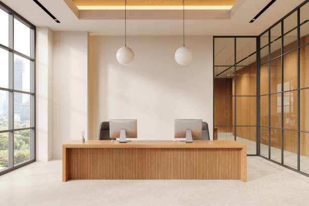 istock Modern reception desk in an office with wooden elements and large windows. 3D Rendering 2181593081