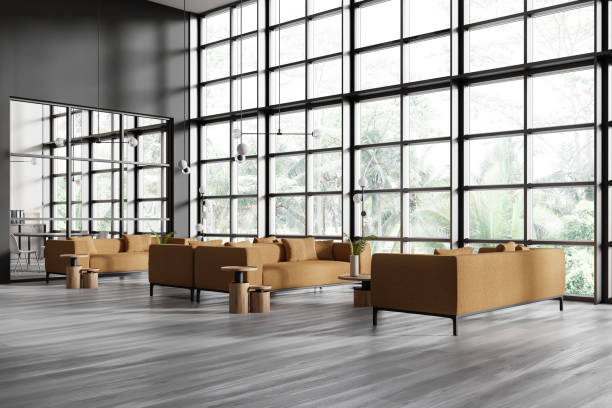 istock Modern open space office with large windows and stylish furniture. 3D Rendering 2181593104