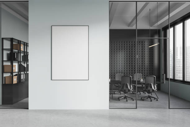 istock Light office meeting room interior with board and chairs, window. Mock up frame 2181593680