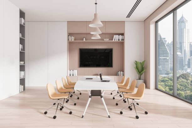 istock Modern office meeting room with large windows overlooking a cityscape. 3D Rendering 2181593886