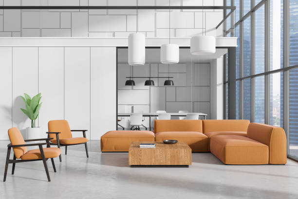 istock Elegant office interior with waiting and meeting zone, panoramic window 2181593956