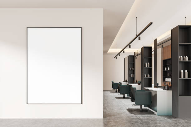 istock Stylish salon interior with armchairs, shelf with accessories. Mockup frame 2181593977
