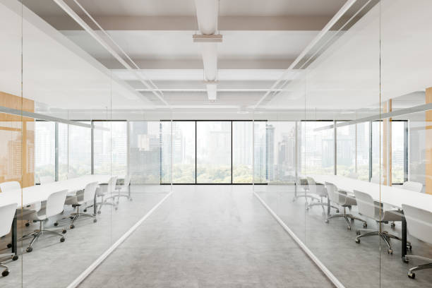 istock Modern office meeting room interior with table and seats, panoramic window 2181594018
