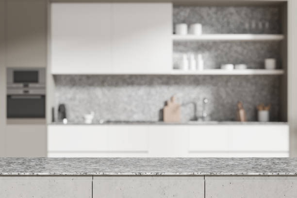 istock Qurtaz mock up table on background of kitchen interior with kitchenware 2181594451