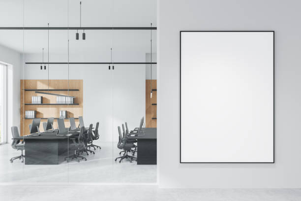 istock Light coworking room interior with workplace, shelf with window. Mockup frame 2181594456