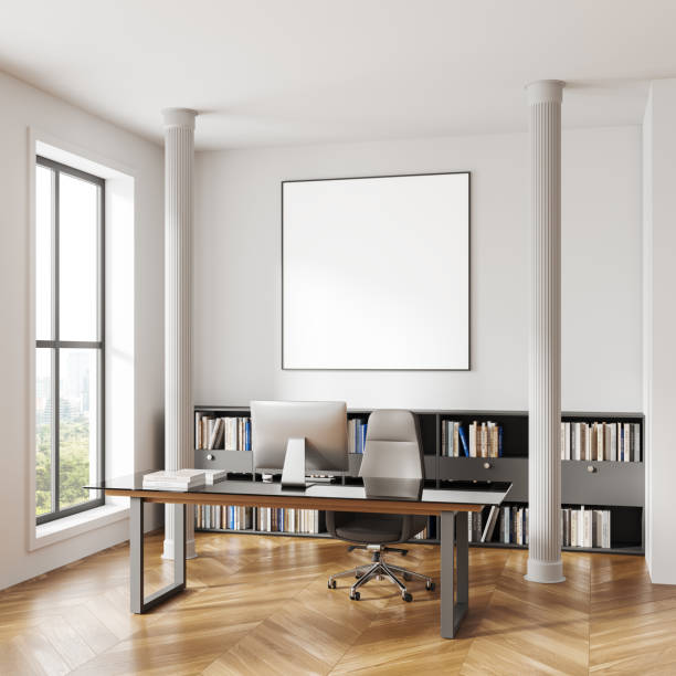istock Cozy director's room interior work desk and panoramic window. Mockup frame 2181594471