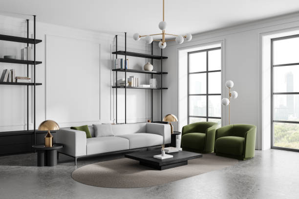 istock Modern living room with empty wall for poster mockup. 3D Rendering 2181594483
