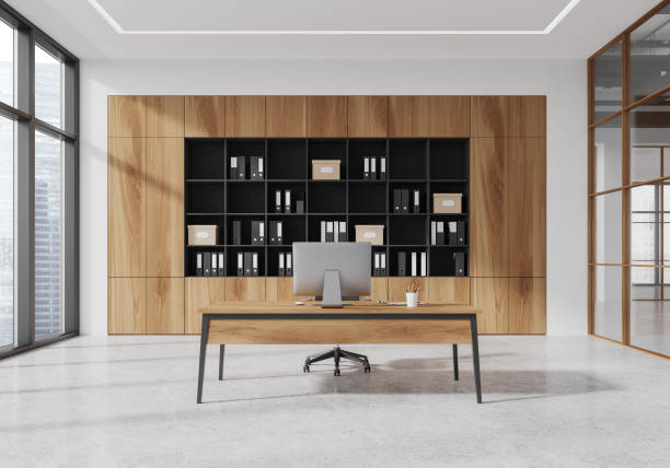 istock Modern office interior with wooden furniture and large windows. 3D Rendering 2181594487