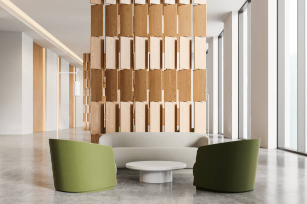 istock Modern office lounge area with green chairs and sofa. 3D Rendering 2181594645