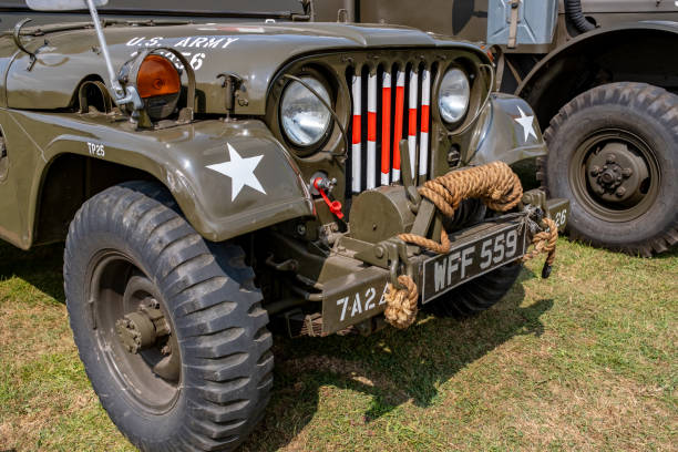 Forncett St Peter. Norfolk, UK  August 18 2024. Close up of the front end of a second world war jeep and sports utility vehicle