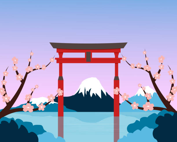 istock Landscape scene - sakura, mountains against sunset. Temple gate, reflection in water. Japanese landscape. Eastern culture. 2181602836