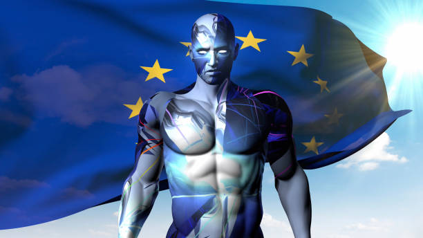 The special costume worn by a new generation artificial intelligence superhero, posing in front of the Europe Union flag waving proudly in the sunny sky, changes color and exhibits an interesting form. The world needs a new generation of saviors. Europe Union proudly presents its new hero. / You can see the animation movie of this image from my iStock video portfolio. Video number: 2181311806