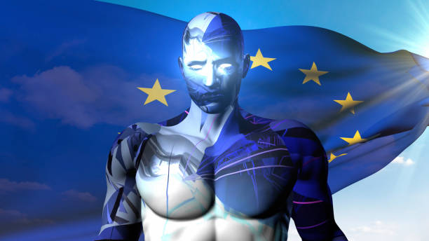 The special costume worn by a new generation artificial intelligence superhero, posing in front of the Europe Union flag waving proudly in the sunny sky, changes color and exhibits an interesting form. The world needs a new generation of saviors. Europe Union proudly presents its new hero. / You can see the animation movie of this image from my iStock video portfolio. Video number: 2181311806