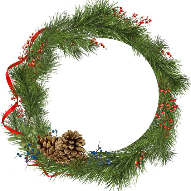 istock Wreath of fluffy pine branches and red berries. Watercolor digital illustration. Christmas wreath of coniferous tree branches isolated on white background. Pine cones and red festive ribbons. 2181605798