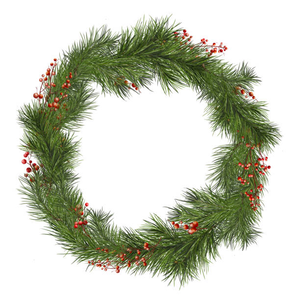istock Wreath of fluffy pine branches. Watercolor digital illustration. Christmas wreath of coniferous tree branches and red berries isolated on white background. Winter berry branches. For New Year themes. 2181605802