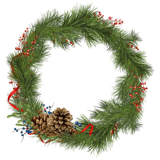 istock Wreath of fluffy pine branches and red berries. Watercolor digital illustration. Christmas wreath of coniferous tree branches isolated on white background. Pine cones and red festive ribbons. 2181605803